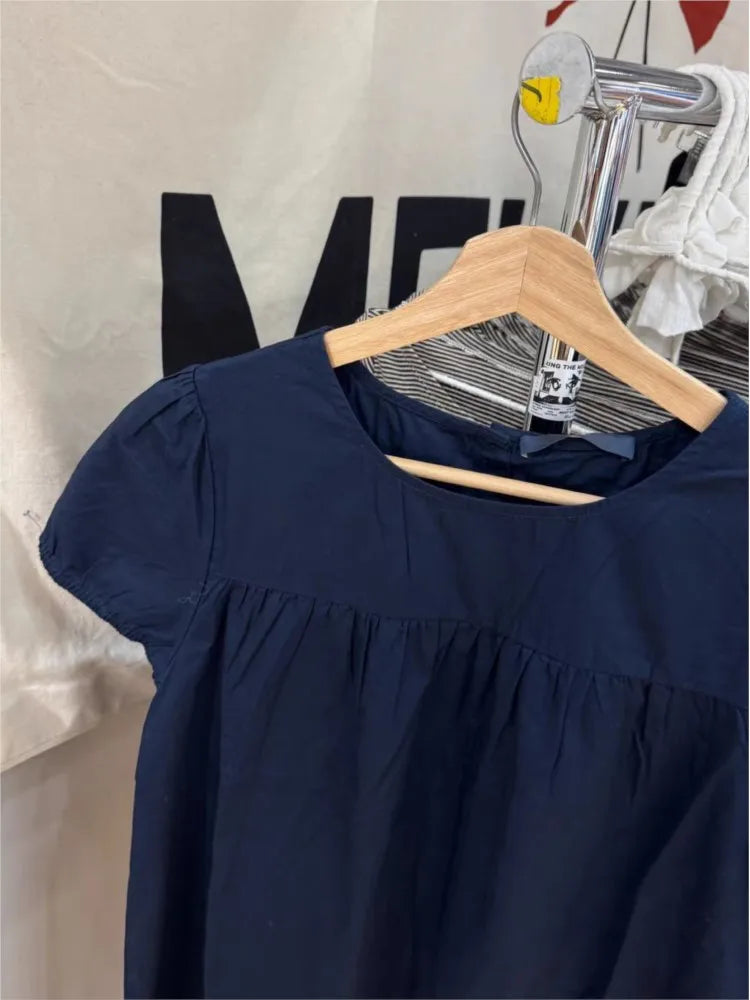 Vintage Navy Puff Sleeve Dress Women Streetwear Simple Ruffled Hem Cotton Dresses Y2K Clothes Sweet Cute Preppy Style Vestidos