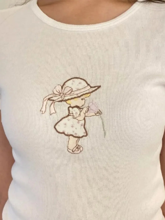 New Cute Little Girl Embroidery T-shirt Woman O-Neck Slim Short Sleeve Cotton Tees Tops Spring Casual Sweet Y2K Tshirts