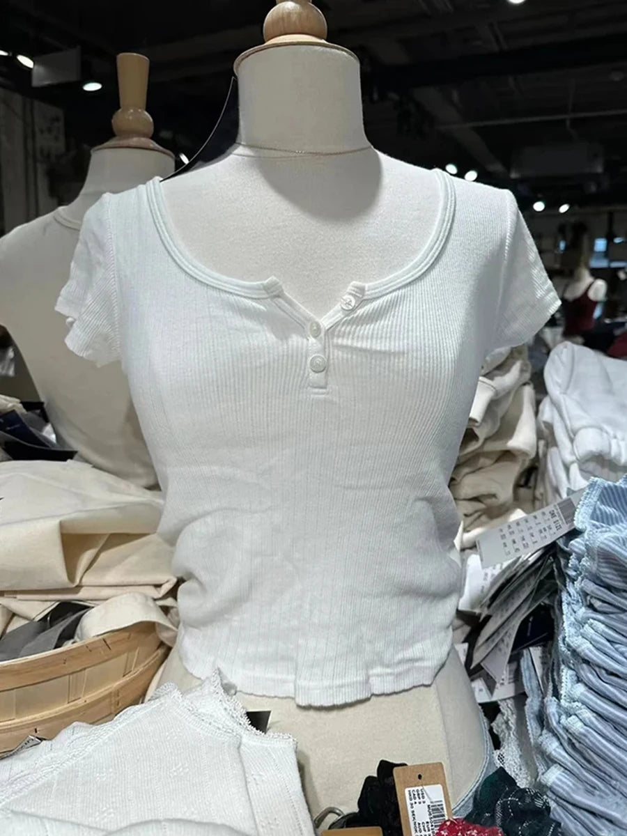 White Raw Hem Simple Crop Tops Women 2024 New Cotton Casual Cute Preppy Style Short Sleeve Tees Vintage Basic Chic T-shirts Y2K
