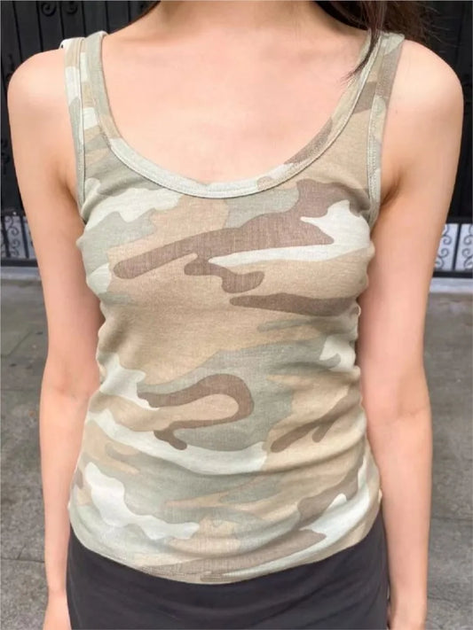 Vintage Camouflage Slim Tank Top Women Summer New U Collar Sleeveless Cotton Camisole Streetwear Preppy Style Punk Vest Y2K Tops