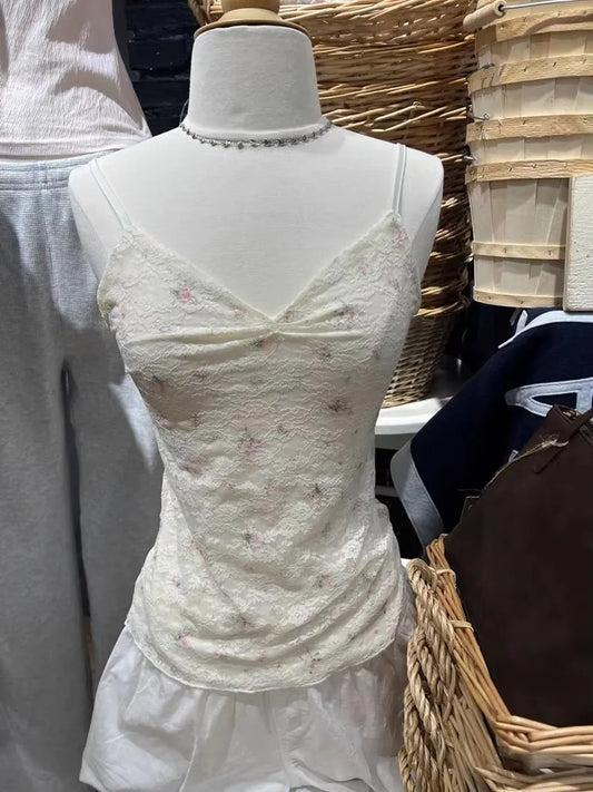 Floral Lace V-Neck Folds Slim Tank Top Women Summer Casual Sleeveless Thin Sleeveless Vest Sweet Vintage Sexy Crop Tops Y2K New