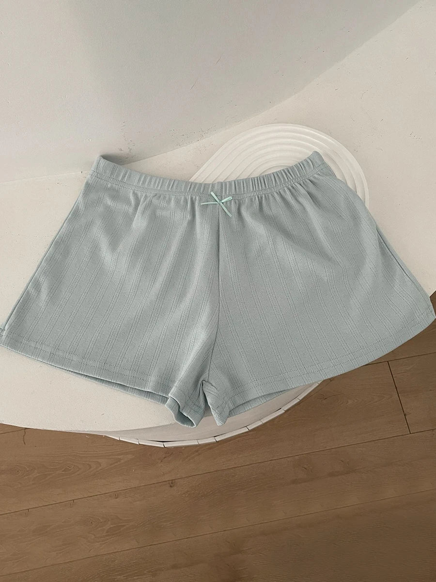 Sweet Eyelet Straight Bow Sweatshorts Women Summer New Elastic Waist Cotton Short Pant Casual Solid Basic Home Pajama Shorts Y2K