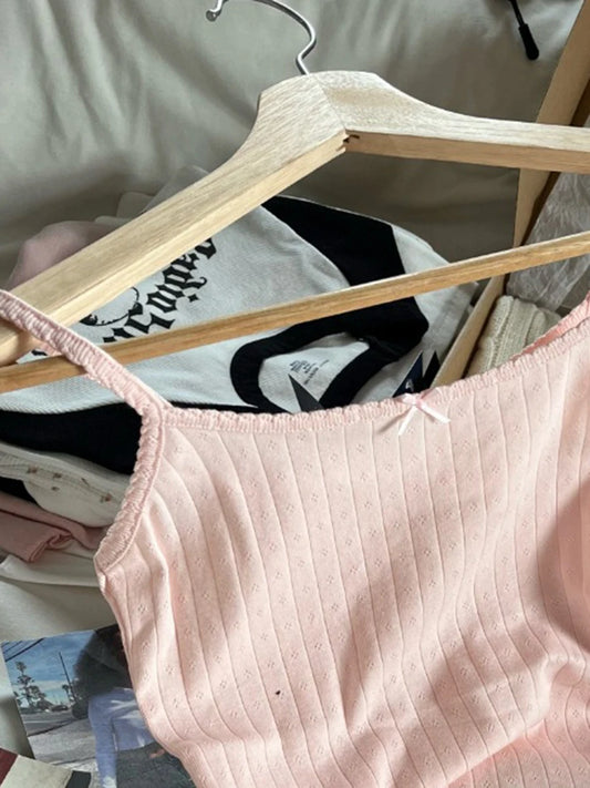 Pink Eyelet Bow Tank Tops Women Summer Casual Cotton Slim Lace Trim Sleeveless Vests Cute Preppy Style Sweet Camisole Y2K Top
