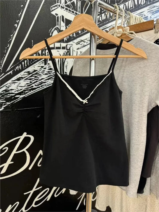 Folds V-neck Bow Black Tank Tops Women Summer Lace Trim Cotton Sleeveless Slim Cropped Camisole Vintage Sweet Crop Top