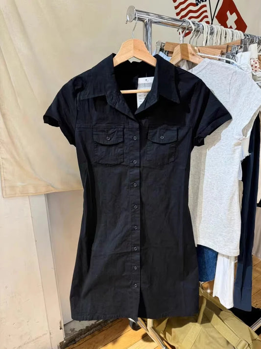 Black Pockets Blouse Shirt Dresses Women New Turn Down Collar Single Breasted Short Sleeve Vestidos Sweet Vintage Y2K Mini Dress