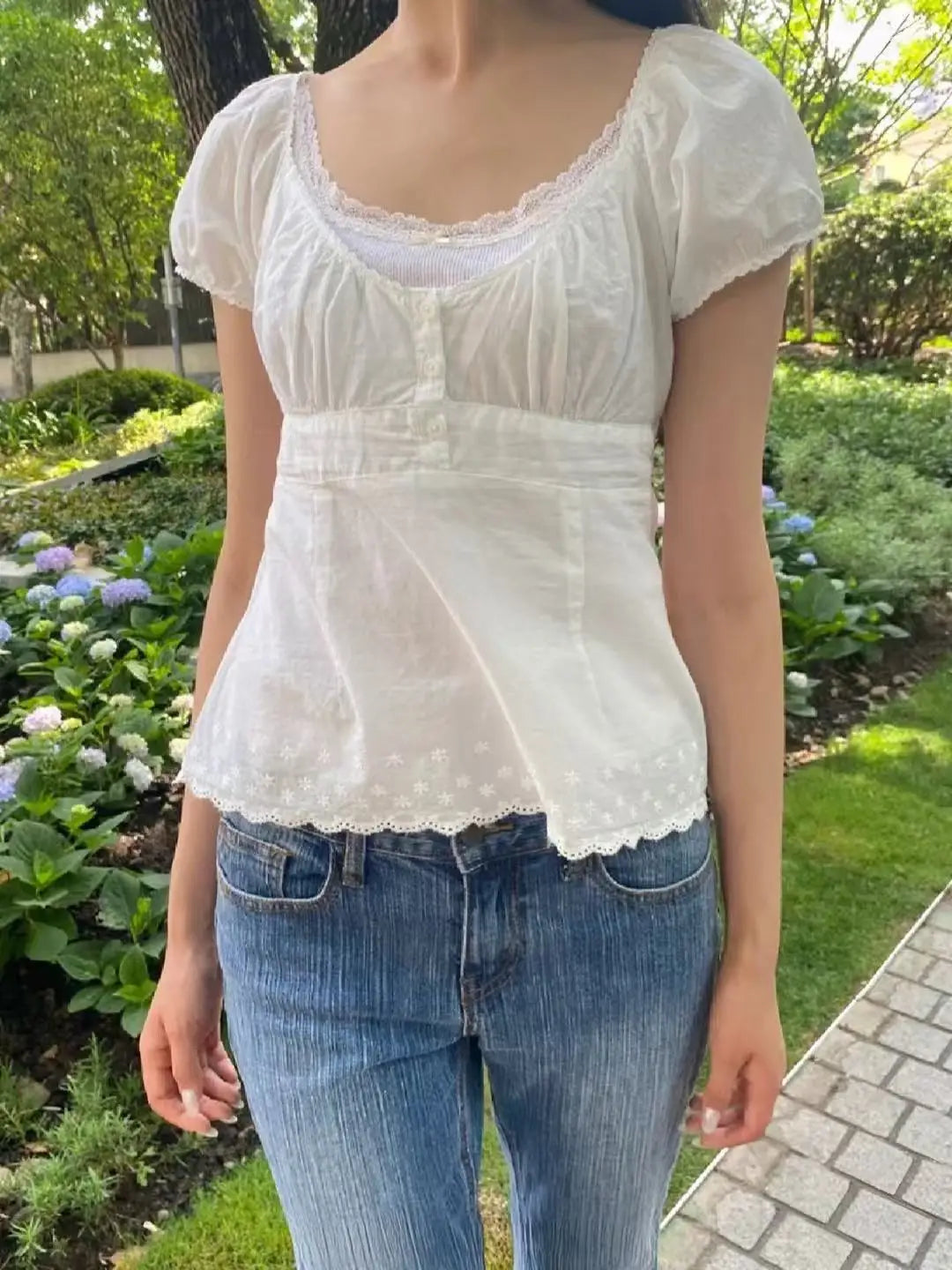 Vintage Navy Lace Trim T-shirts Women Summer New Casual Streetwear Buttons Short Sleeve Tees American Cute Tshirt Tops Y2K