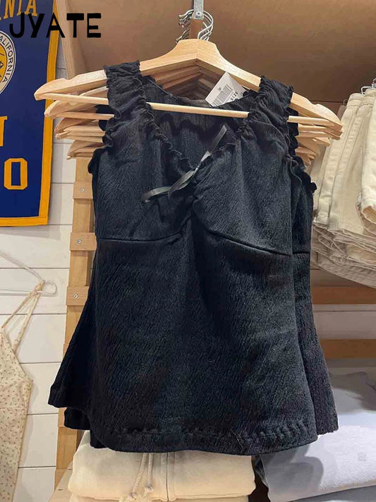 Fashion Bow Folds Cotton Slim Tank Tops Women Summer New Ruffles Black V-neck Sleeveless Vests Harajuku Chic Sweet Camisole Y2K