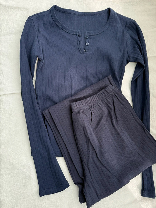 Eyelet 2 Piece Sets Women Navy Buttons Cotton Long Sleeve Tee+Elastic Waist Straight Trousers Home Sweet T-shirt Pant Pajama Set