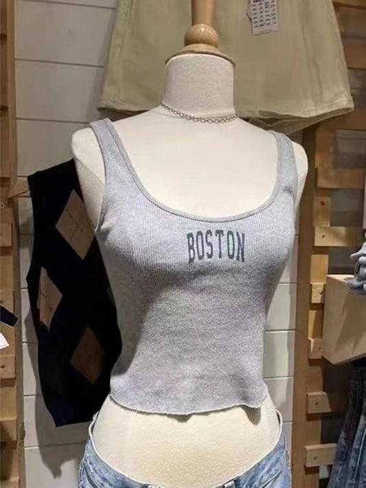 Fashion Gray Letter Print Sleeveless Vests Women Summer Slim Sexy Ribbed Chic Streetwear Crop Tops Female Vintage Y2K Cute Camis