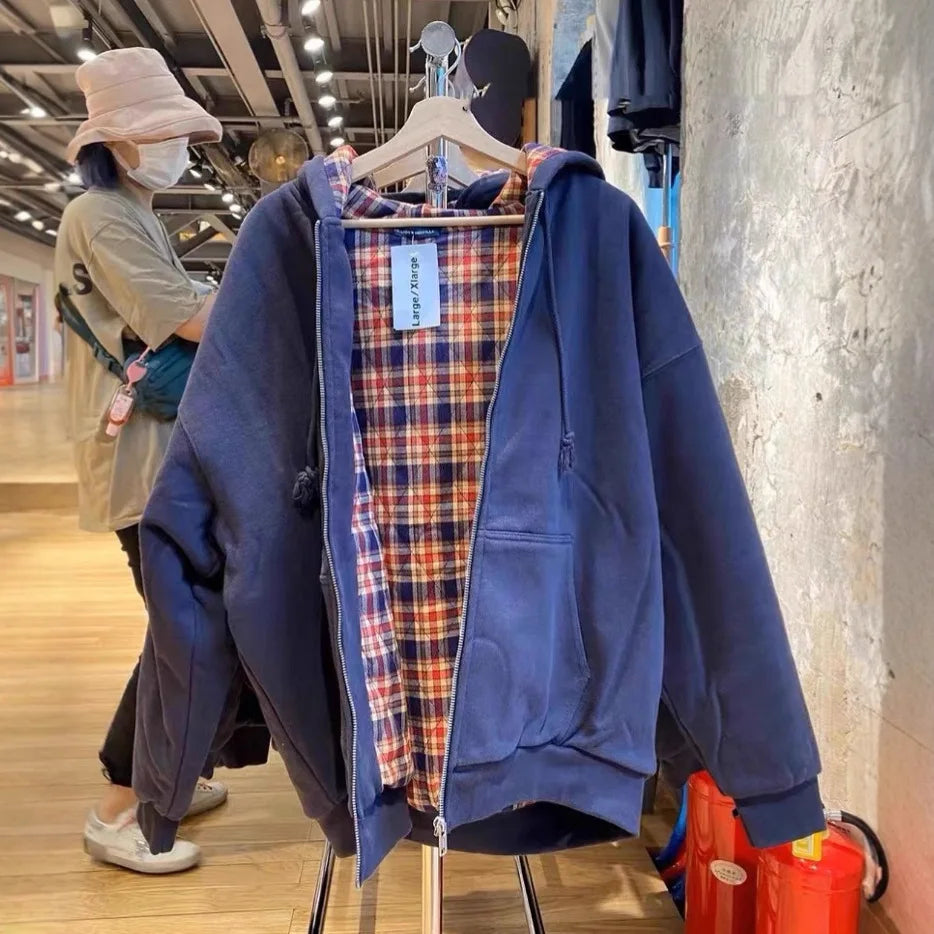 Plaid Print Thick Hoodie Coat Women Autumn Pockets Zip-up Drawstring Classic Pullover Tops Vintage Harajuku Y2K Chic Sweatshirts