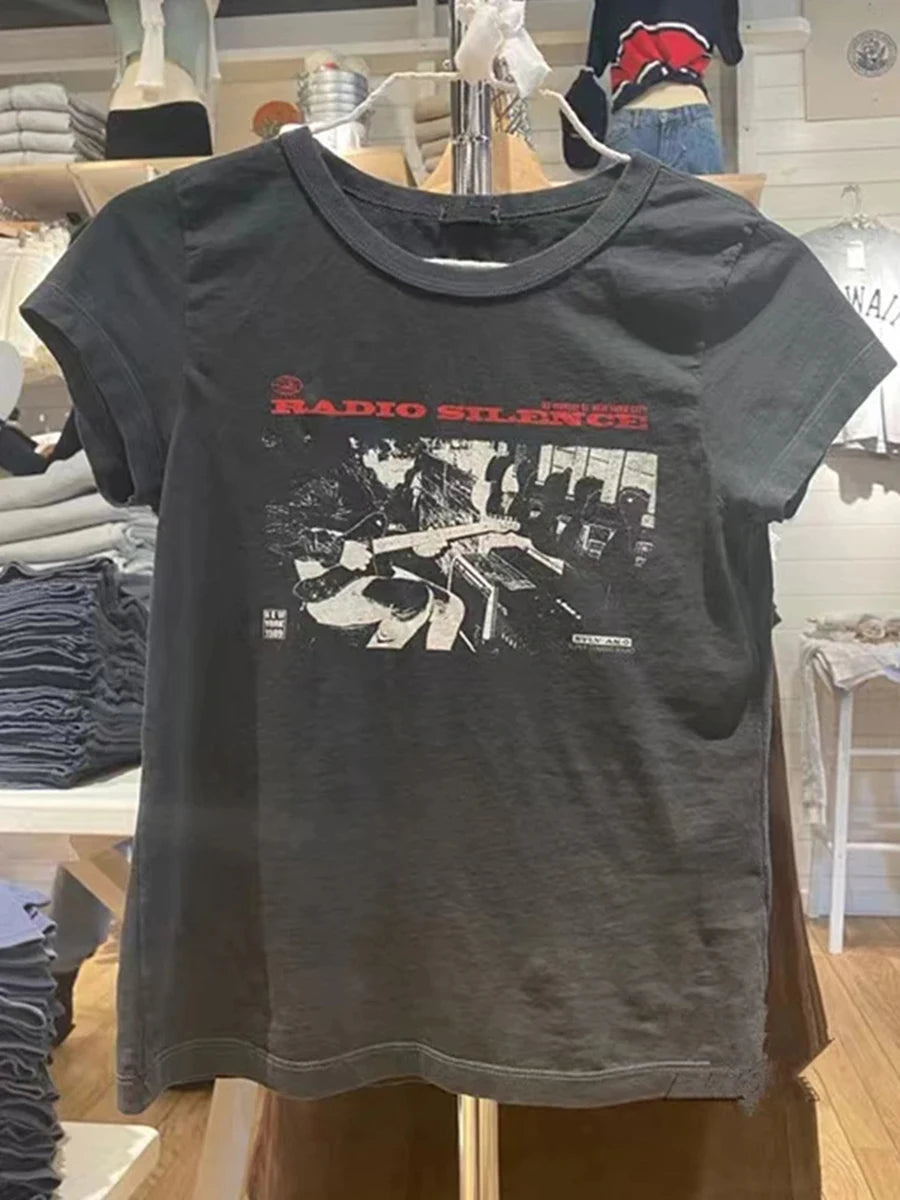 Guitar Print Slim T-shirts Women Summer New Classic O-neck Streetwear Soft Cotton Short Sleeve Tees Female Vintage Chic Y2K Tops