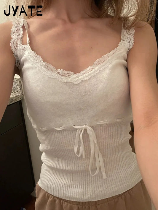 Sweet White Lace Trim Drawstring Knit Tank Tops Women Summer New Simple Cotton Slim High Waist Camis Cute Vintage Chic Vests Y2K