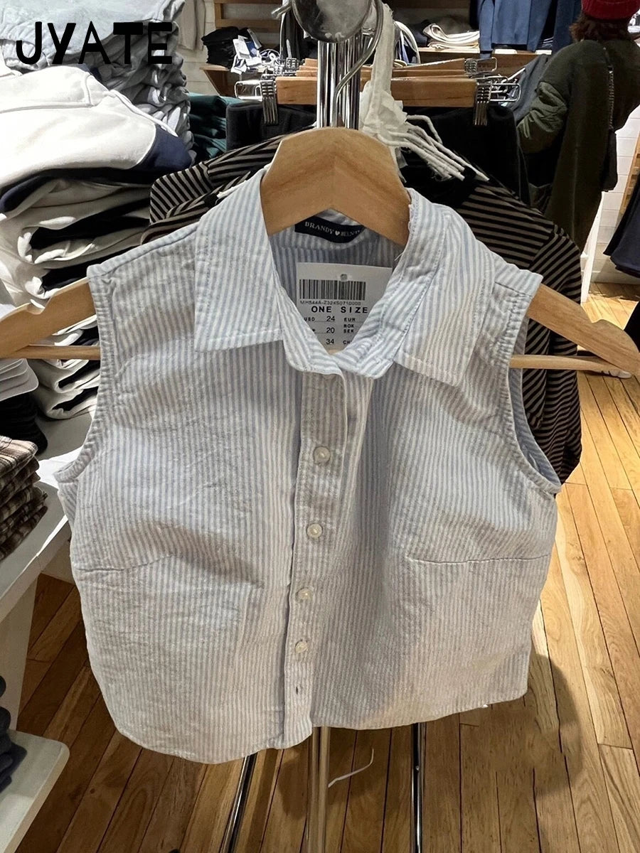 Fashion Blue Striped Tank Tops Women New Casual Turn down Neck Cropped Sleeveless Vests Preppy Style Vintage Chic Crop Tops Y2K