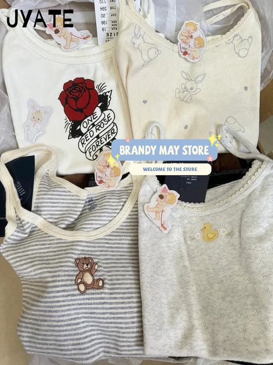 Cute Rabbit Print Eyelet Camisole Women New Cotton Casual Lace Trim Preppy Style Sleeveless Vests Sweet Cozy Pajamas Tank Tops