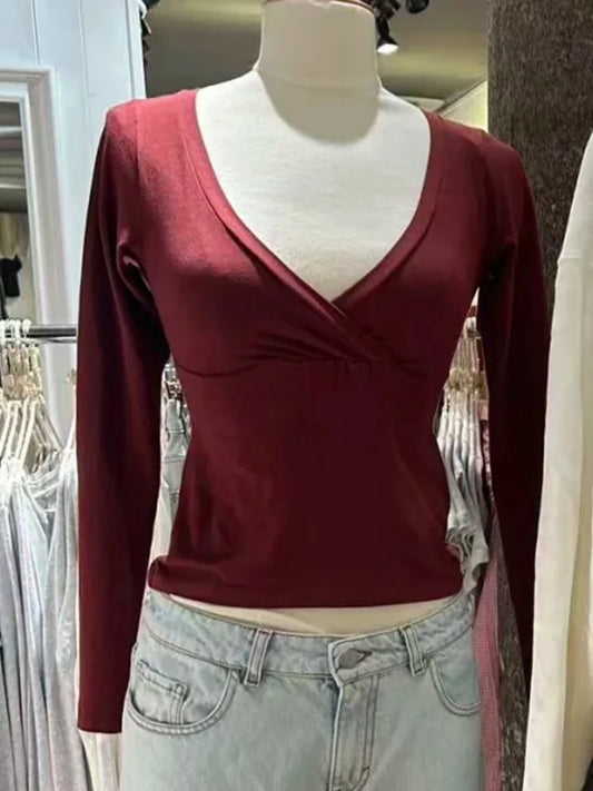 Red V-neck Slim T-shirts Women Autumn Streetwear Casual Sexy Cotton Long Sleeve Tees Sweet Chic Preppy Style T Shirt Y2K Top