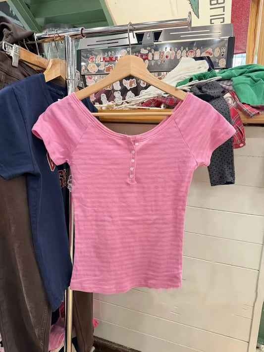 Pink Striped Button T-shirts Women Summer Cotton Slim Preppy Style Cute Crew Neck Short Sleeve Tees Sweet Fashion Y2K Tshirt