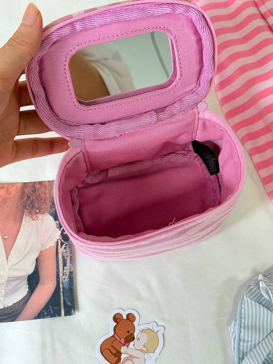Pink Striped Makeup Bag Women Vintage Portable Zipper Mirror Cosmetic Travel Organizer Girls Cute Sweet Handbag Toiletry Pouch