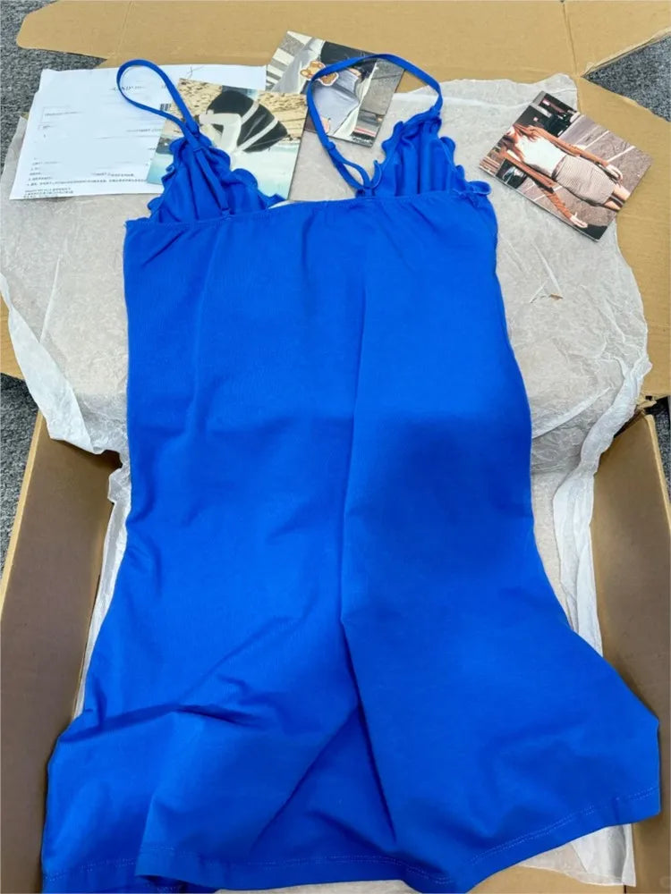 Electric Blue Ruffle Dress Women Summer Casual Slim V-neck Cotton Dresses Sweet Preppy Style Sleeveless Vestidos Y2K
