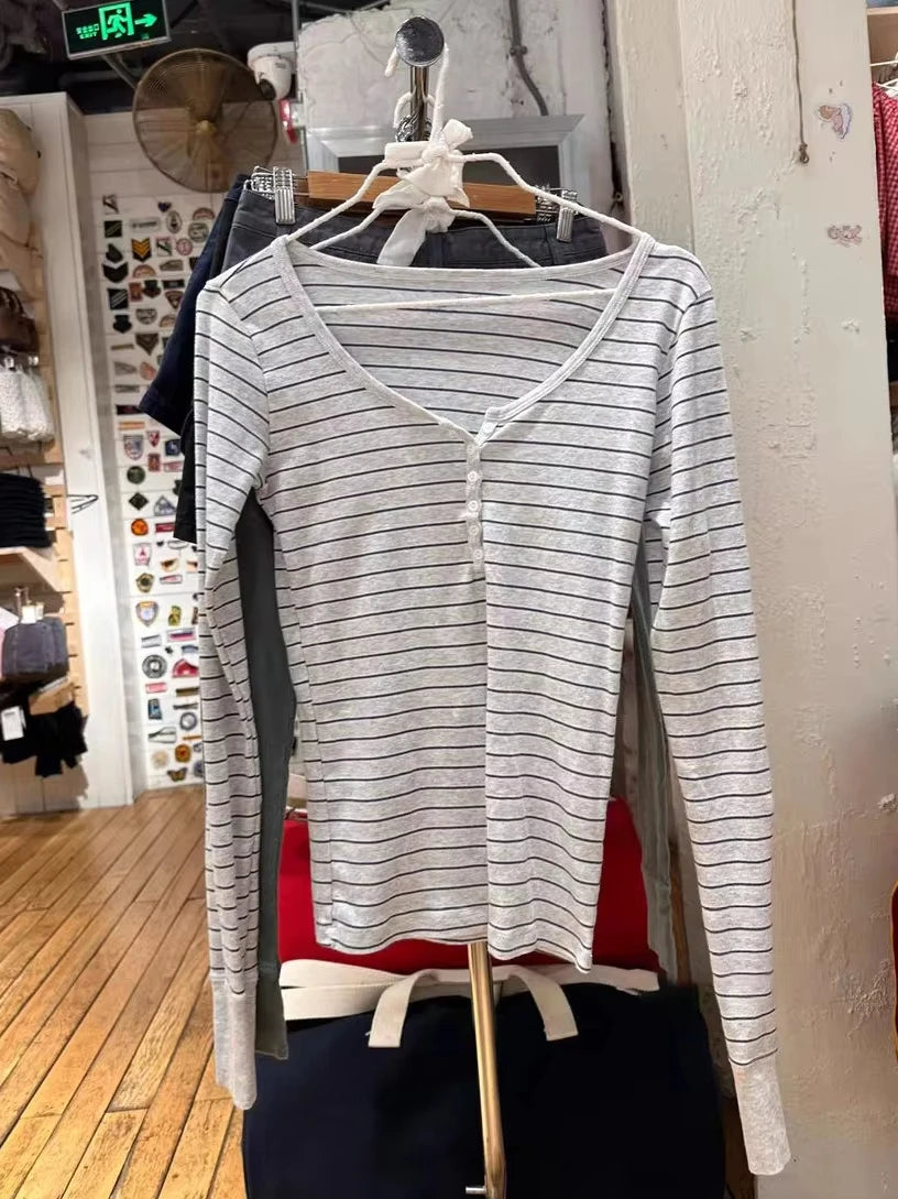 Blue White Striped T-shirt Women Buttons O-Neck Cotton Slim Patchwork Long Sleeve Tee Sweet Cute Preppy Style Tshirt Y2K Top New