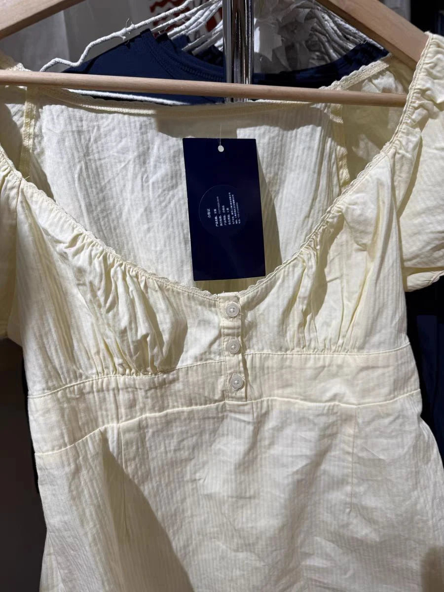 Butter Yellow Striped V-neck Buttons T-shirts Women Casual Cotton Lace Trim Sexy Crop Tops Sweet Cute Preppy Style Blouse Tees