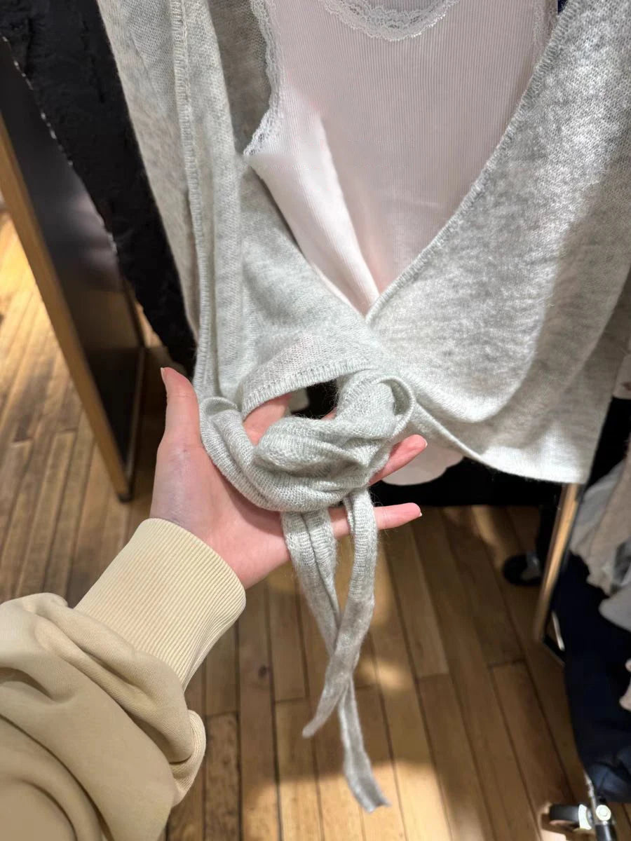 Sweet Gray Lace-up Knitted Long Sleeve T-shirts Cardigan Women Autumn V-neck Cotton Casual Smock Simple Wrap Tee Crop Tops Y2K