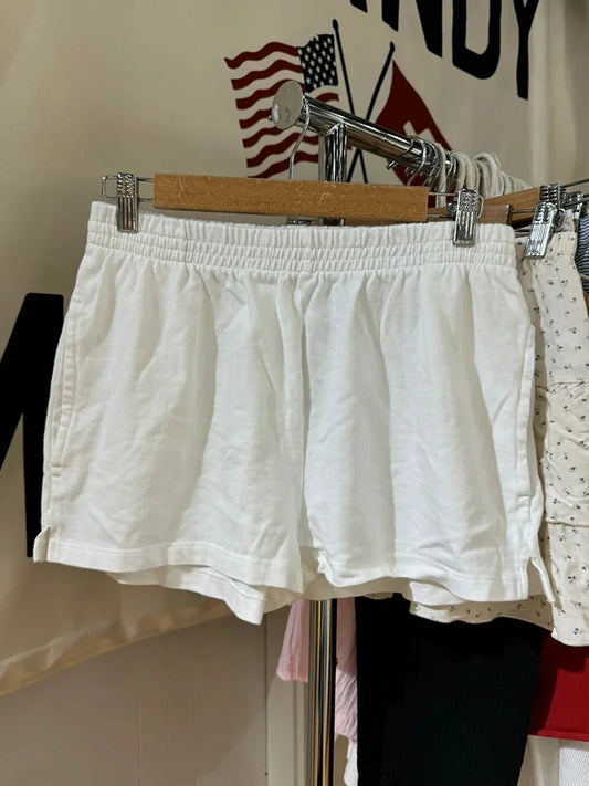 Simple Basic White Sweatshort Women Cotton Elastic High Waist Side Split Straight Loose Short Pant Vintage Streetwear Shorts Y2K