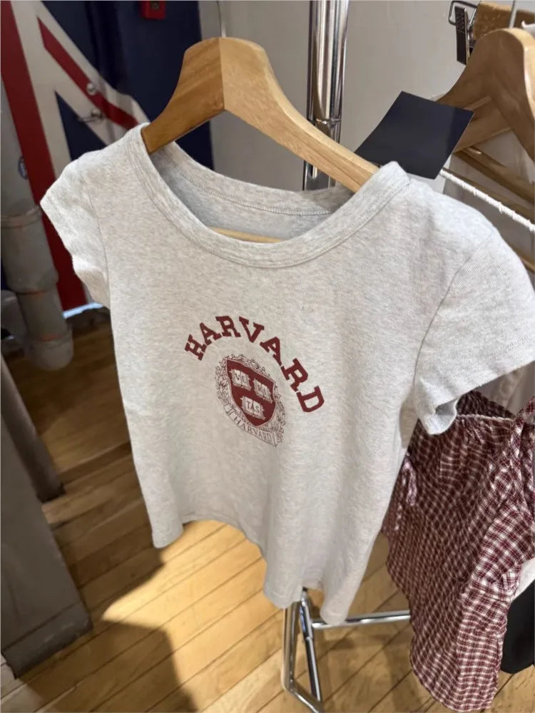 Letter Print Slim T-shirt Women Preppy Style O-neck Short Sleeve Cotton Tee Shirts American Vintage Harvard Pattern Crop Tops