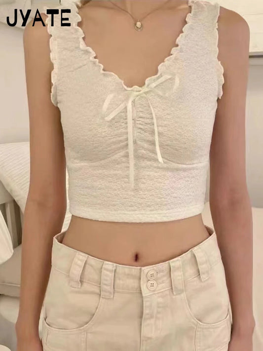 Harajuku Folds Ruffles V-neck Solid Crop Tops Women New Casual Slim Retro Bow Sleeveless Vests Vintage Chic Sweet Tank Tops Y2K
