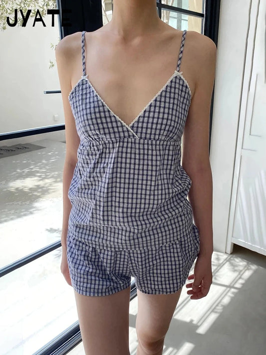 Plaid Lace Trim V-neck Bow Tank Tops Women Summer New Casual Streetwear Simple Back Lace-up Vest Vintage Sweet Chic Camisole Y2K