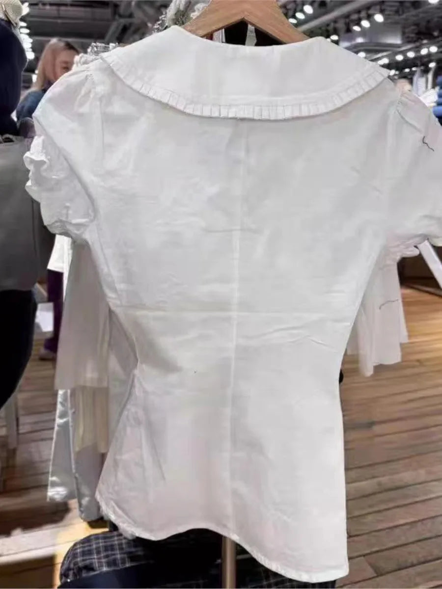 White Buttons Peter pan Collar Blouse Women Cotton Casual Preppy Style Short Sleeve Tees Sweet Vintage Cute T-shirts Y2K Tops