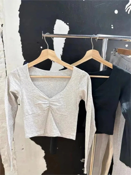 Sweet Gray Folds V-neck Slim Long Sleeve Tees Women Spring New Cotton Soft Simple Basic Crop Tops Vintage Cute Chic T-shirts Y2K