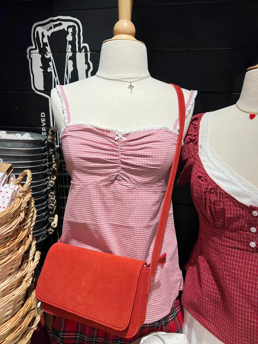 Vintage Plaid Lace Trim Slim Tank Tops Woman Summer Bow Folds Strapless Camisole Female Casual Sweet Preppy Style Vest Y2K Top