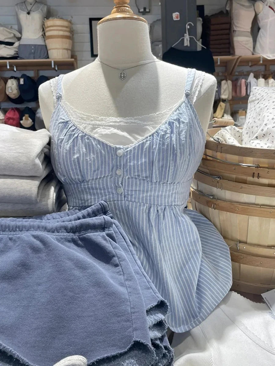Red Plaid Buttons V-neck Camis Women Summer Casual Lace Trim Slim Simple Sleeveless Vests Vintage Sweet Preppy Style Tank Tops