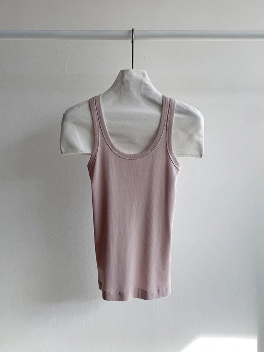 Solid U-neck Slim Sleeve Tank Tops Women Summer Casual Simple Ribbed Cotton Vests Girl Sweet Basic Y2K Preppy Style Camisole New