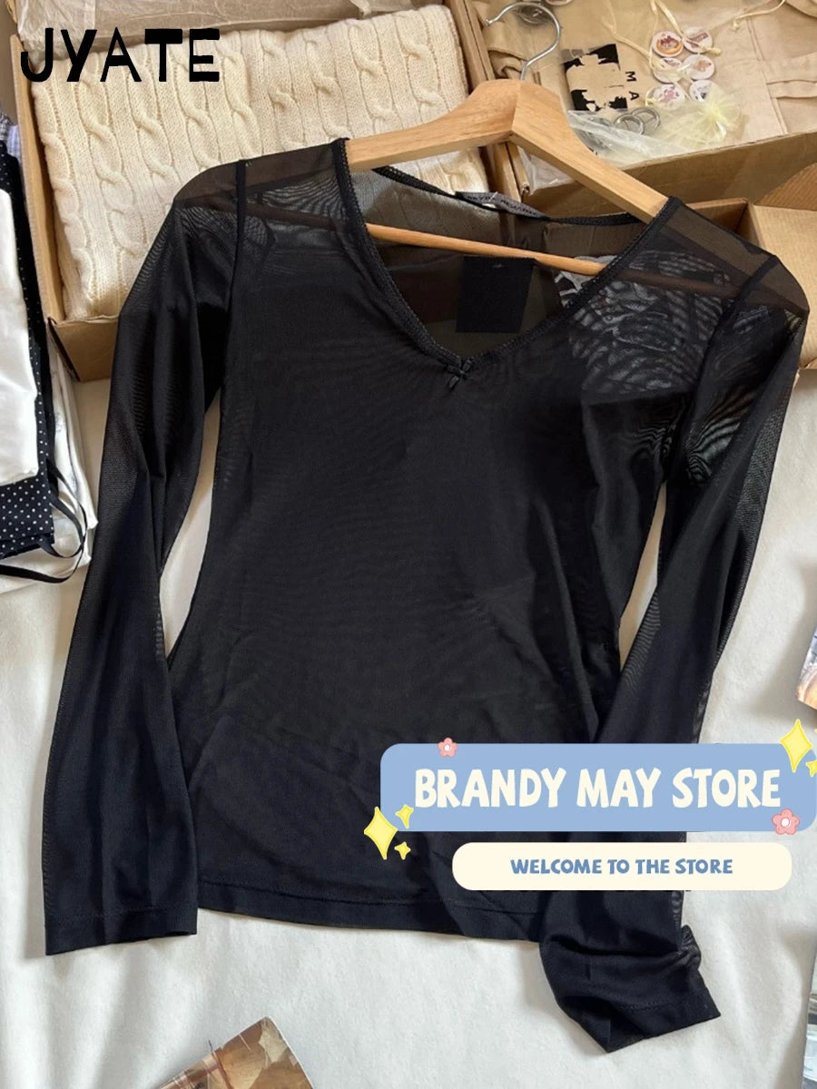 Sexy See-through Black Long Sleeve Tees Smock Women Summer New Bow V-neck Slim Tops Clothing Vintage Chic Harajuku T-shirts Y2K