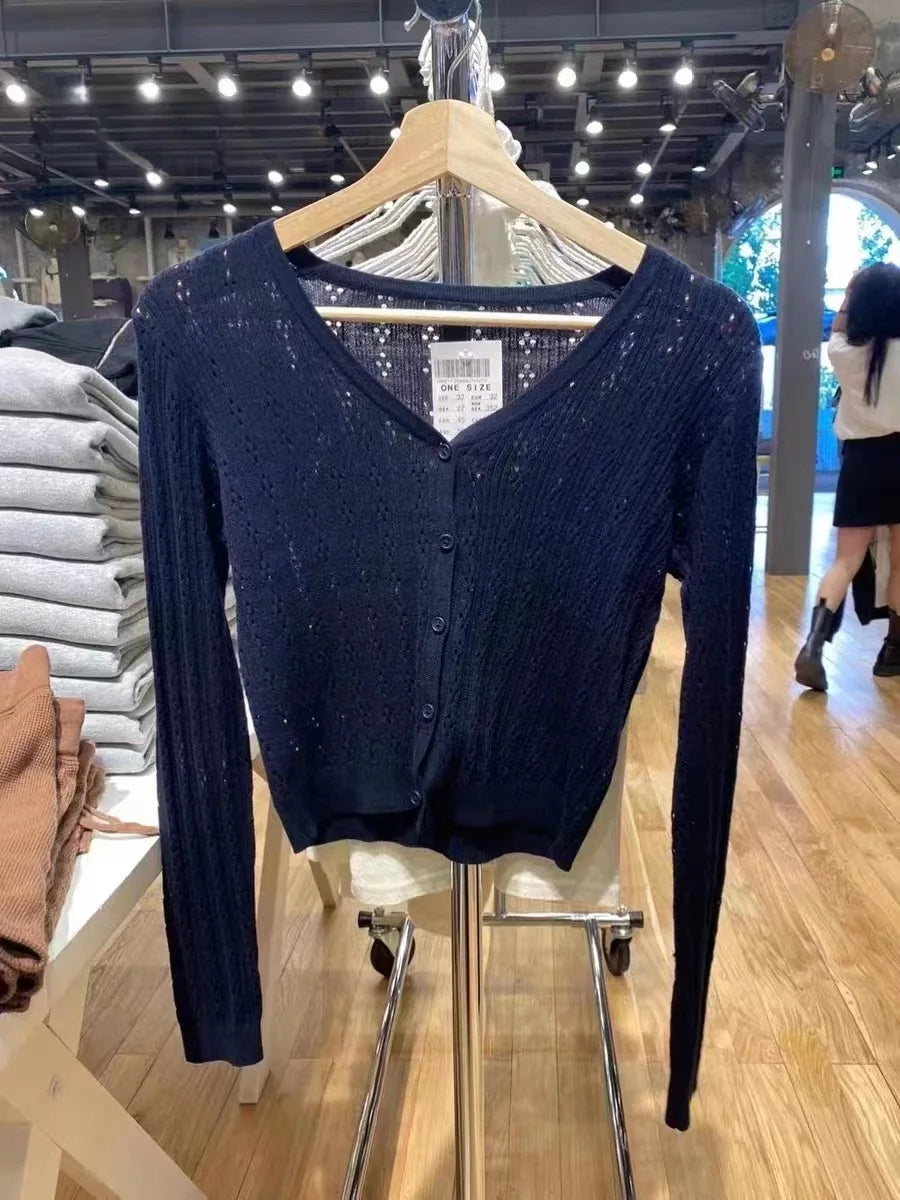Hollow Out Solid Knitted Tops Women 2025 Spring Sexy V Neck Cotton Long Sleeve T-shirt Female Vintage Simple Cute Crop Top Chic