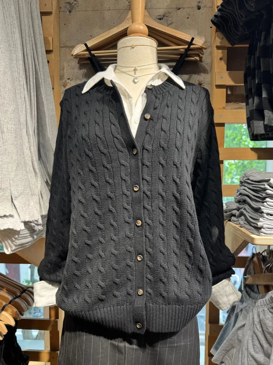 Autumn New Black Knit Twist Sweater Coat Women Casual Slim Cotton O-neck Button Casual Jumper Tops Preppy Style Chic Cardigan