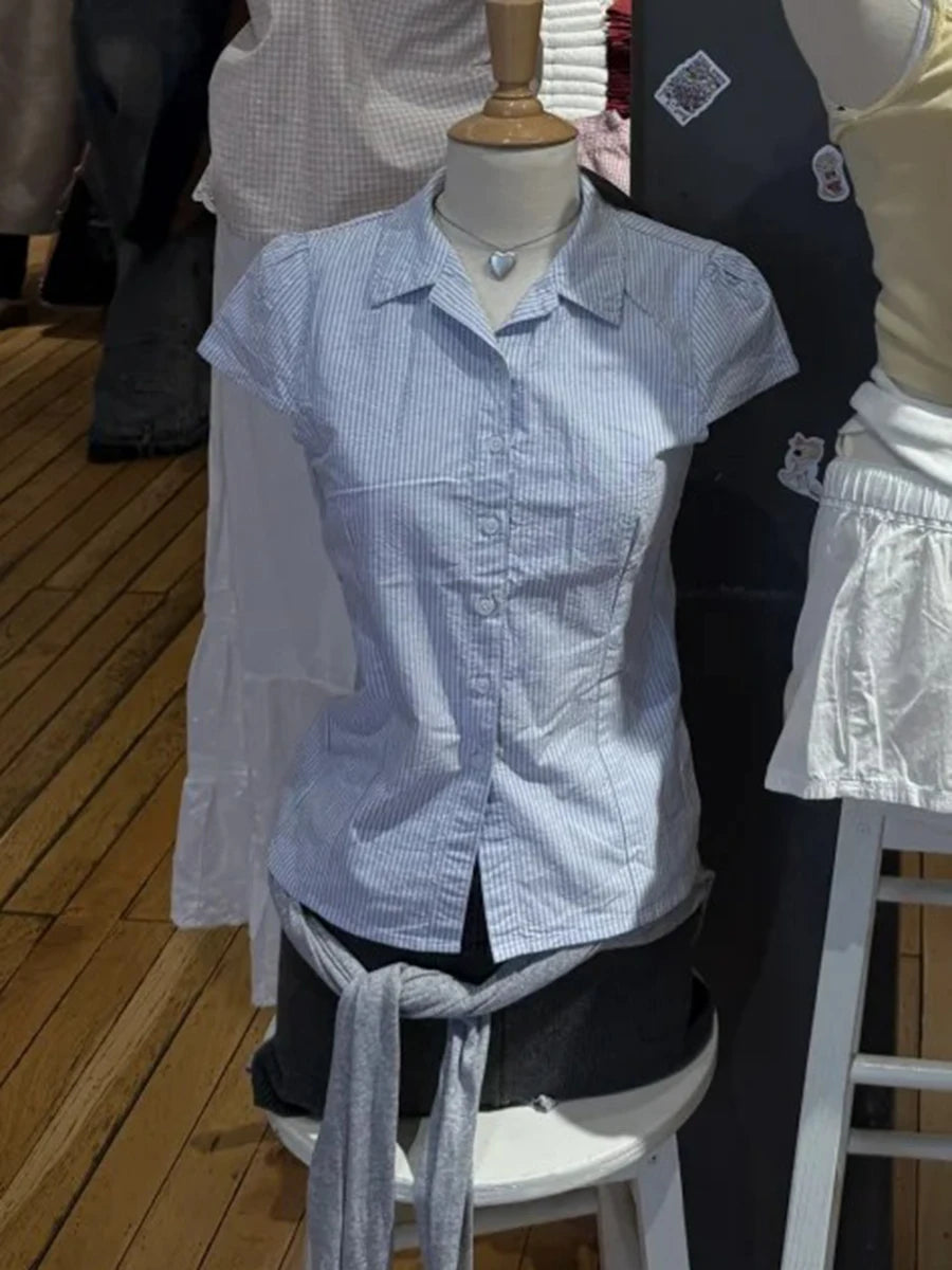 Vintage Plaid Lapel Blouse Top Women Summer Casual Preppy Style Buttons Short Sleeve Tees Sweet Cute Retro T-shirts Y2K Tops