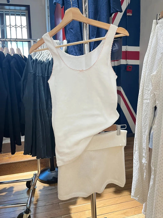 White Lace Trim Slim Tank Tops Women New Casual Cotton Soft Pink BowU-neck Sleeveless Vests Sweet Cute Preppy Style Camisole