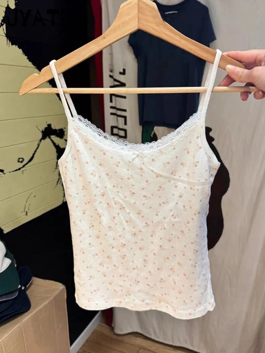 Pink Floral Print Lace Trim Tank Tops Women Summer New Cotton Bow Casual Chic Simple Camisole Girl Sweet Cute Vintage Vests Y2K