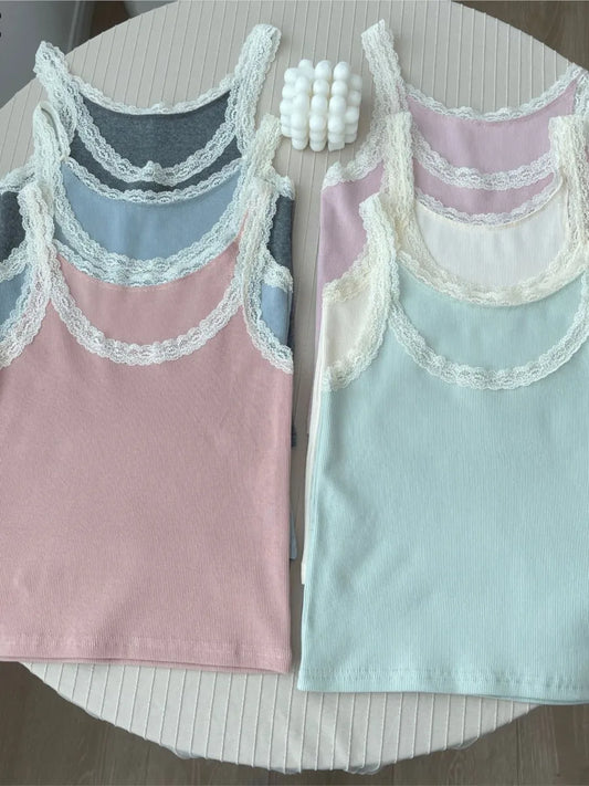 Sweet Lace Trim Cotton Sleeveless Vest Women Summer New Casual Slim U-neck Sexy Tank Tops Cute Vintage Preppy Style Camisole Y2K