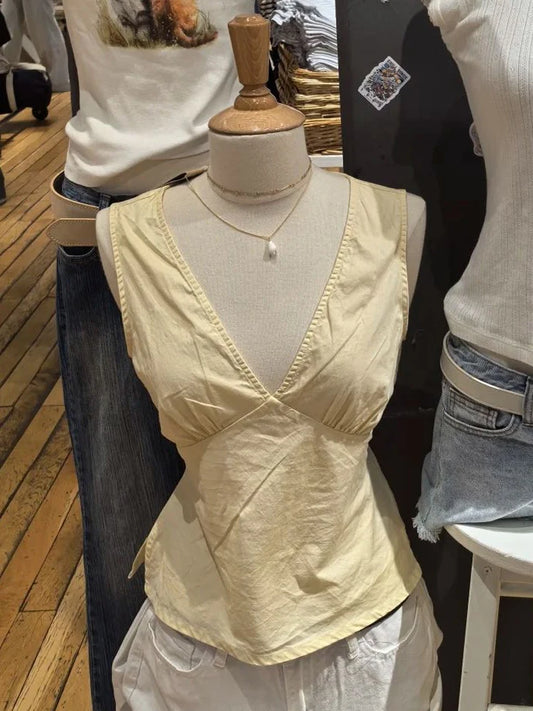 Yellow Sexy V-neck Tank Top Women Summer Cotton Back Lace-up Sleeveless Camisole Sweet Cute Preppy Style Casual Simple Y2k Tops