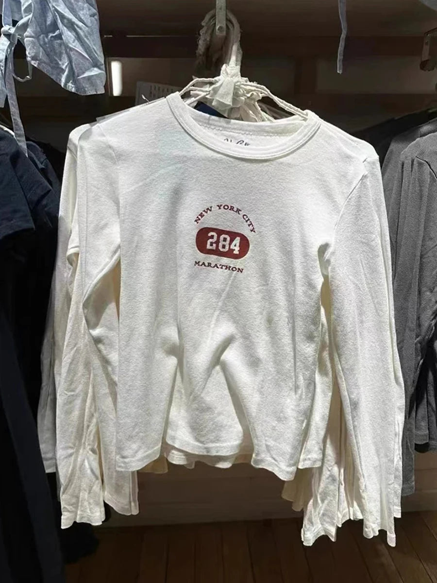 Fashion Letter Print Long Sleeve Tees Women Autumn Cotton Casual Slim Solid Simple T-shirts Streetwear Vintage American Y2K Tops