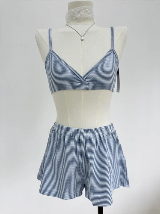 Cute Blue Striped Bra Shorts Set Women V-neck Slim Bras with Straight Sweatshorts Sweet Cute Cotton Home Pajama 2 Piece Sets Y2K