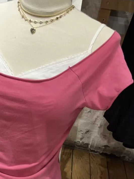 Rose Pink Slash Neck Crop Tops Women Summer Simple All-match Cotton Casual Slim T-shirts Sweet Cute Preppy Style Cropped Tees