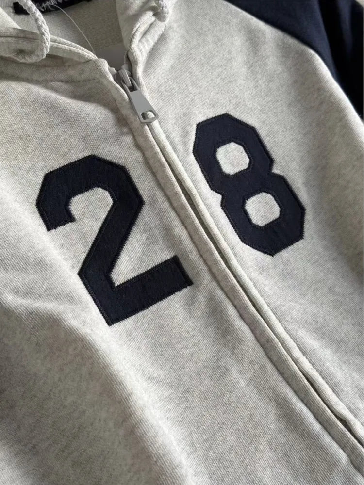 NO.28 Patchwork Long Sleeve Sweatshirts Tops Women New Cotton Slim Chic Pocket Zip-up Pullover Coat Vintage Preppy Style Hoodie