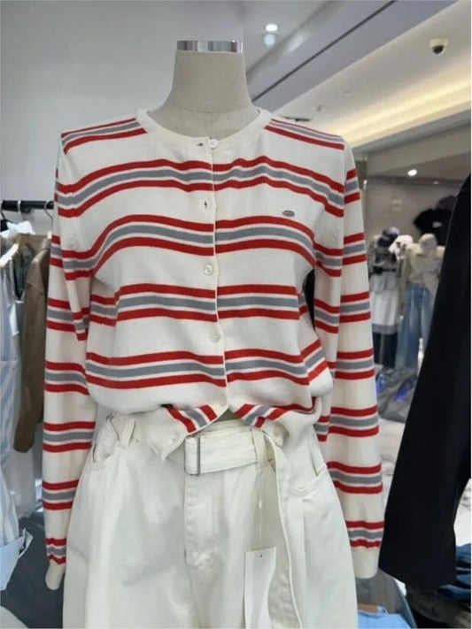 Classic Striped Knitted Cardigan Women's Autumn Round Neck Cotton Soft Design Button Sweater Vintage Sweet Preppy Style Sweaters