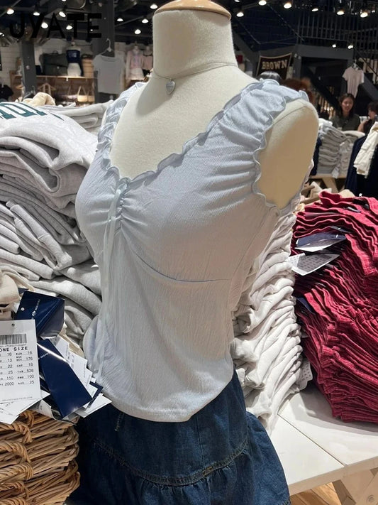 Sweet Blue Ruffles V-neck Cropped Vests Women Summer Casual Slim Folds Bow Sleeveless Tank Tops Sweet Preppy Style Camisole Y2K