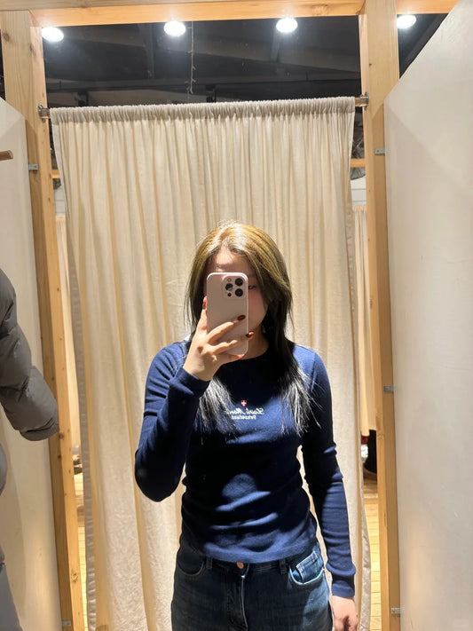 Navy Letter Embroidery Long Sleeve T-shirt Women Round Neck Cotton Slim Tee Shirt Vintage American Streetwear Tshirt Y2K Tops