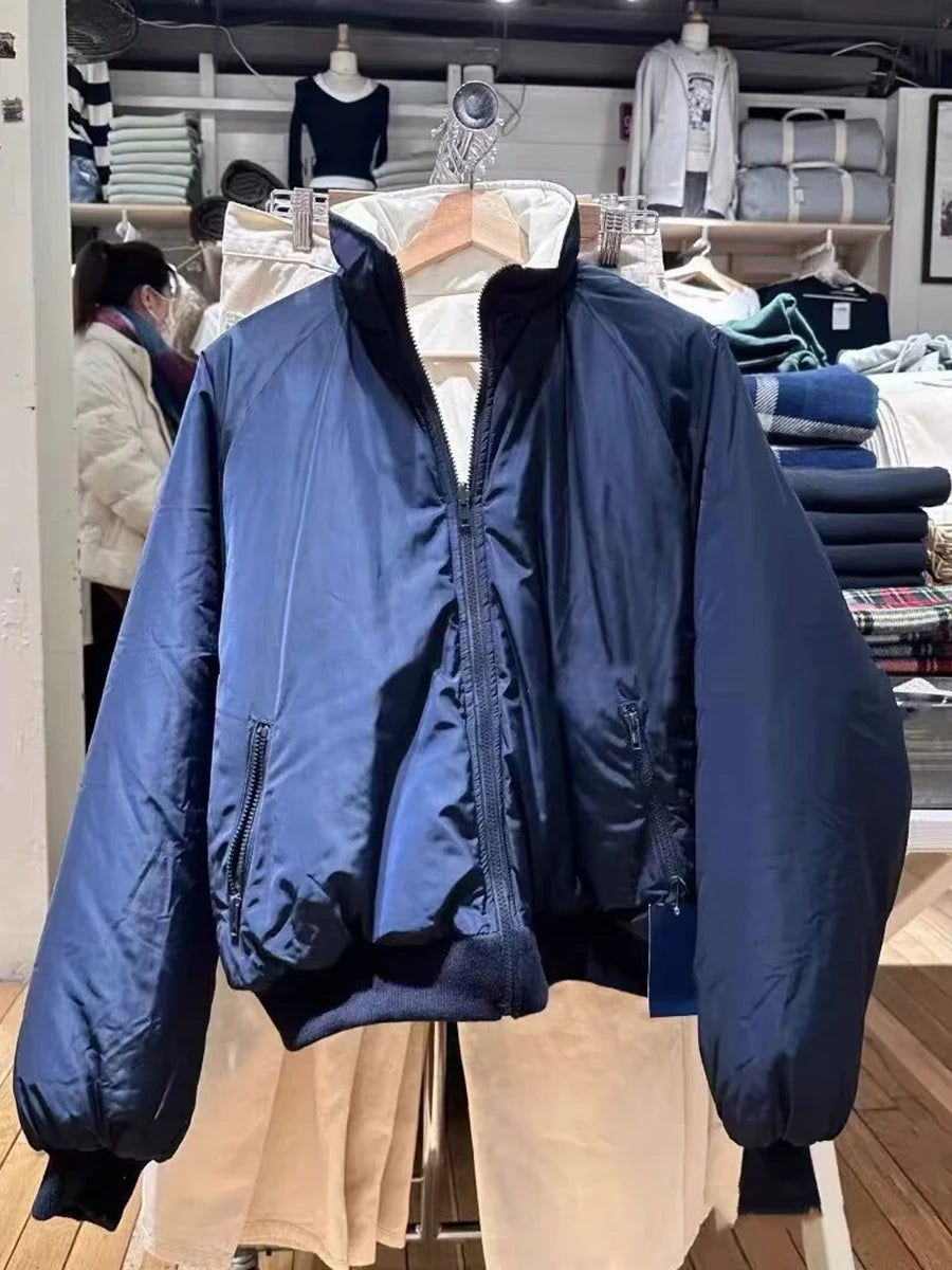 Harajuku Double-sided Loose Jacket Women Stand Collar Solid Cotton Warm Casual Outerwear Female Street Vintage Chic Jackets Tops